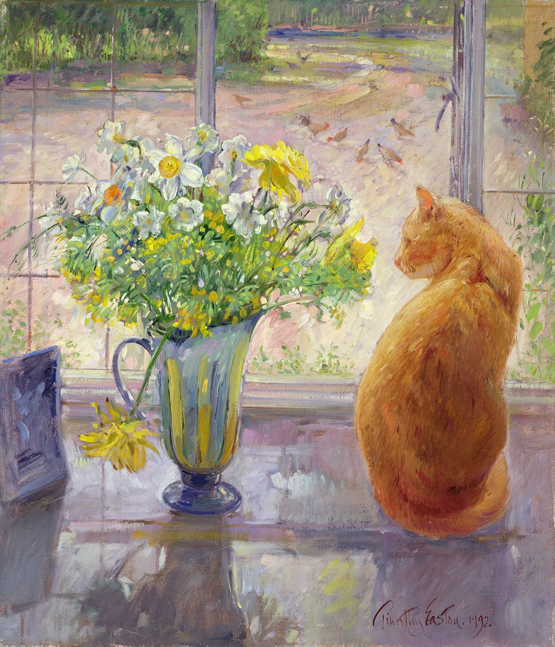 Stripete kanne med vårblomster, 1992 av Timothy Easton