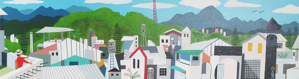 Taitung city rooftop, 2012, olje på lerret av Timothy Nathan Joel