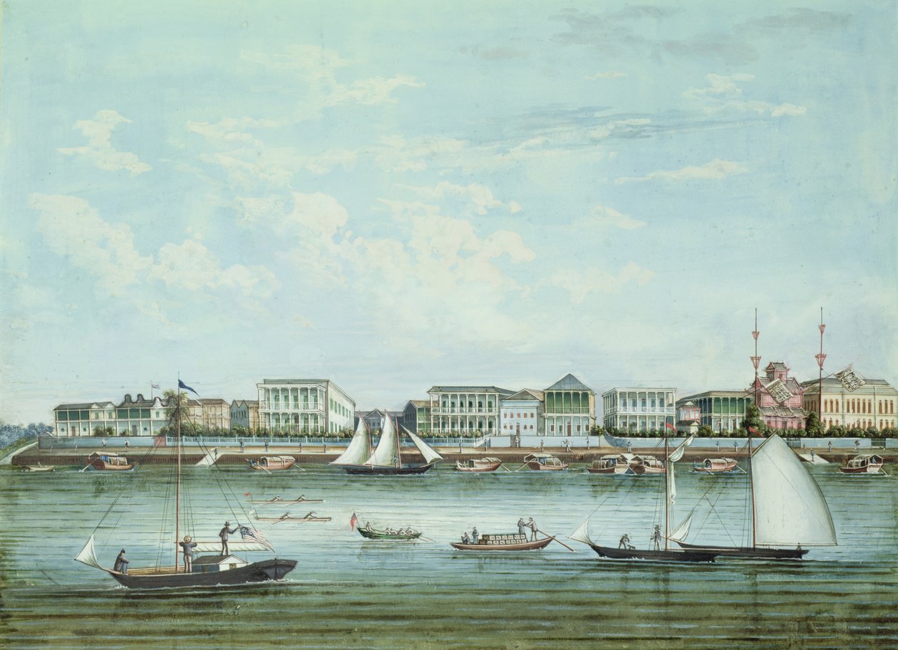 Utsikt over Shanghai, ca. 1860 (blekk og wc på papir) av Tinqua