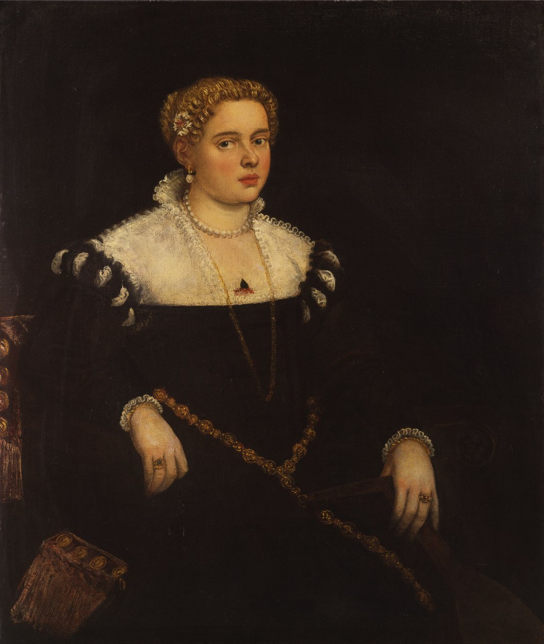 Portrett av en dame, trekvart lengde, som holder en mandolin av Tintoretto