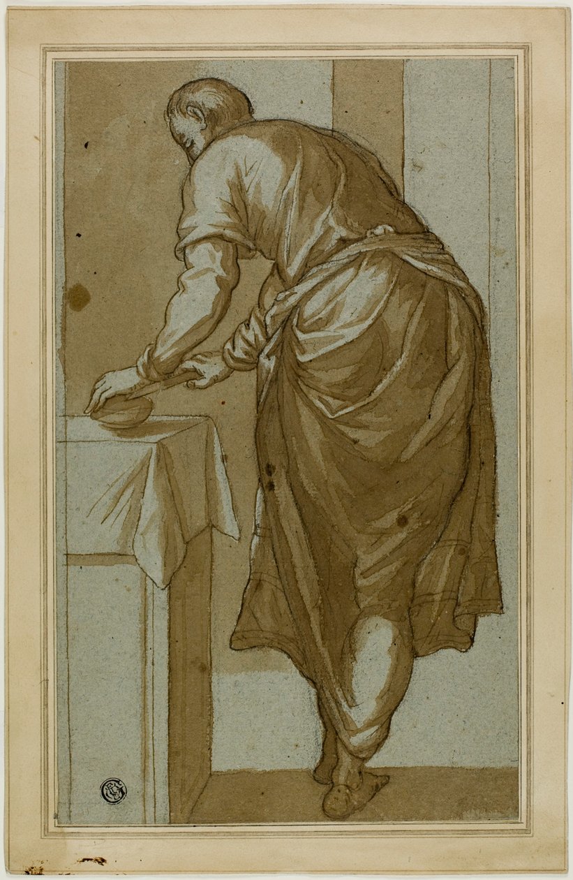 Stående mann sett bakfra og skjærer brød av Tintoretto