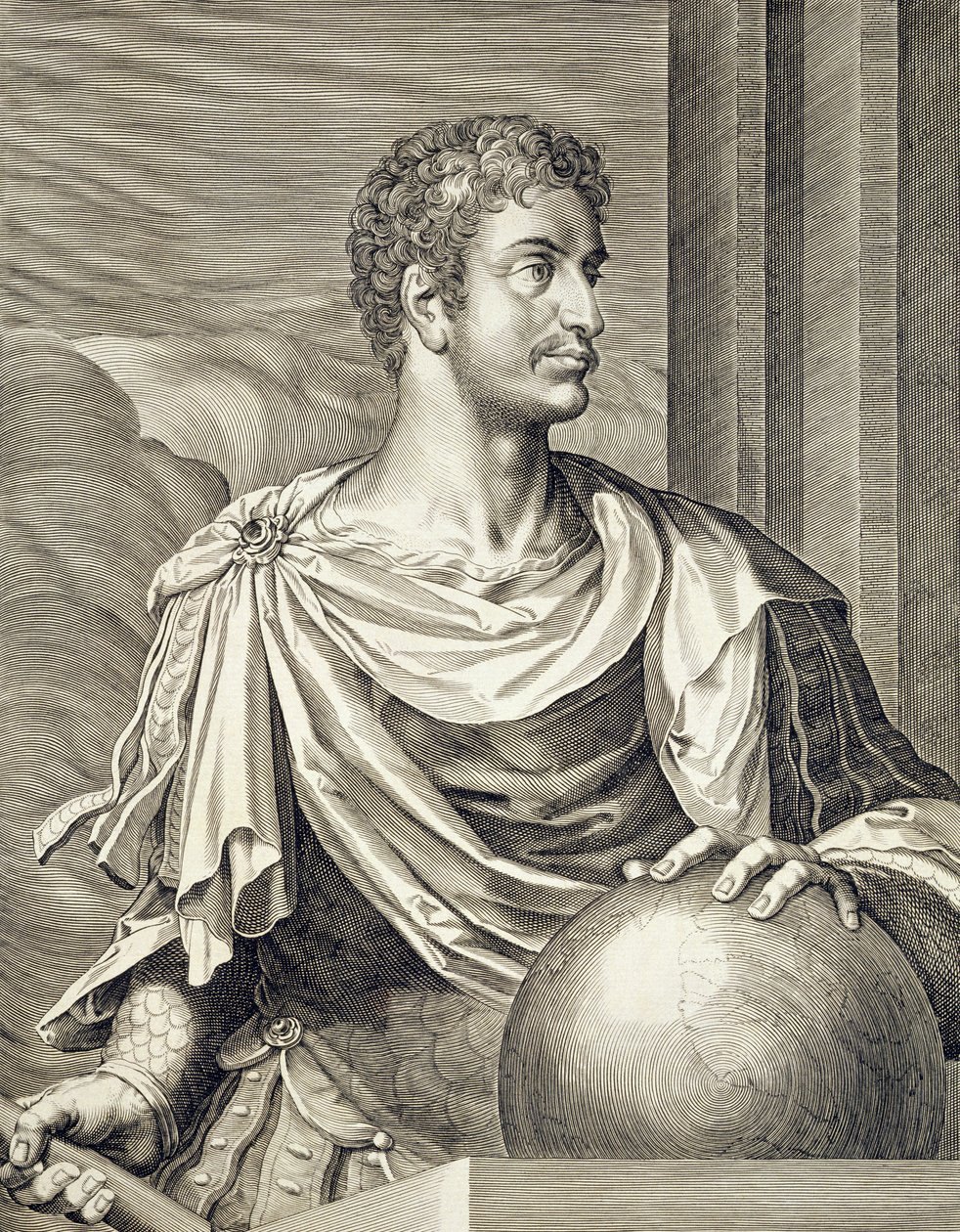 D. Octavius ​​​​Augustus (63 f.Kr. - 14 e.Kr.) Keiser av Roma 27 f.Kr. - 14 e.Kr. gravert av Aegidius Sadler (1570-1629) av Tiziano Vecelli