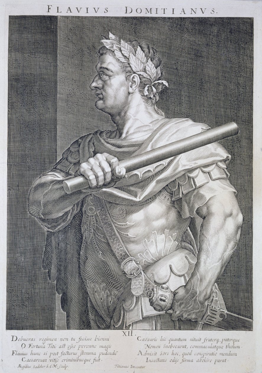 Flavius Domitian (51 e.Kr. - 96 e.Kr.) keiser av Roma 81-96 e.Kr. gravert av Aegidius Sadeler (1570-1629) av Tiziano Vecelli