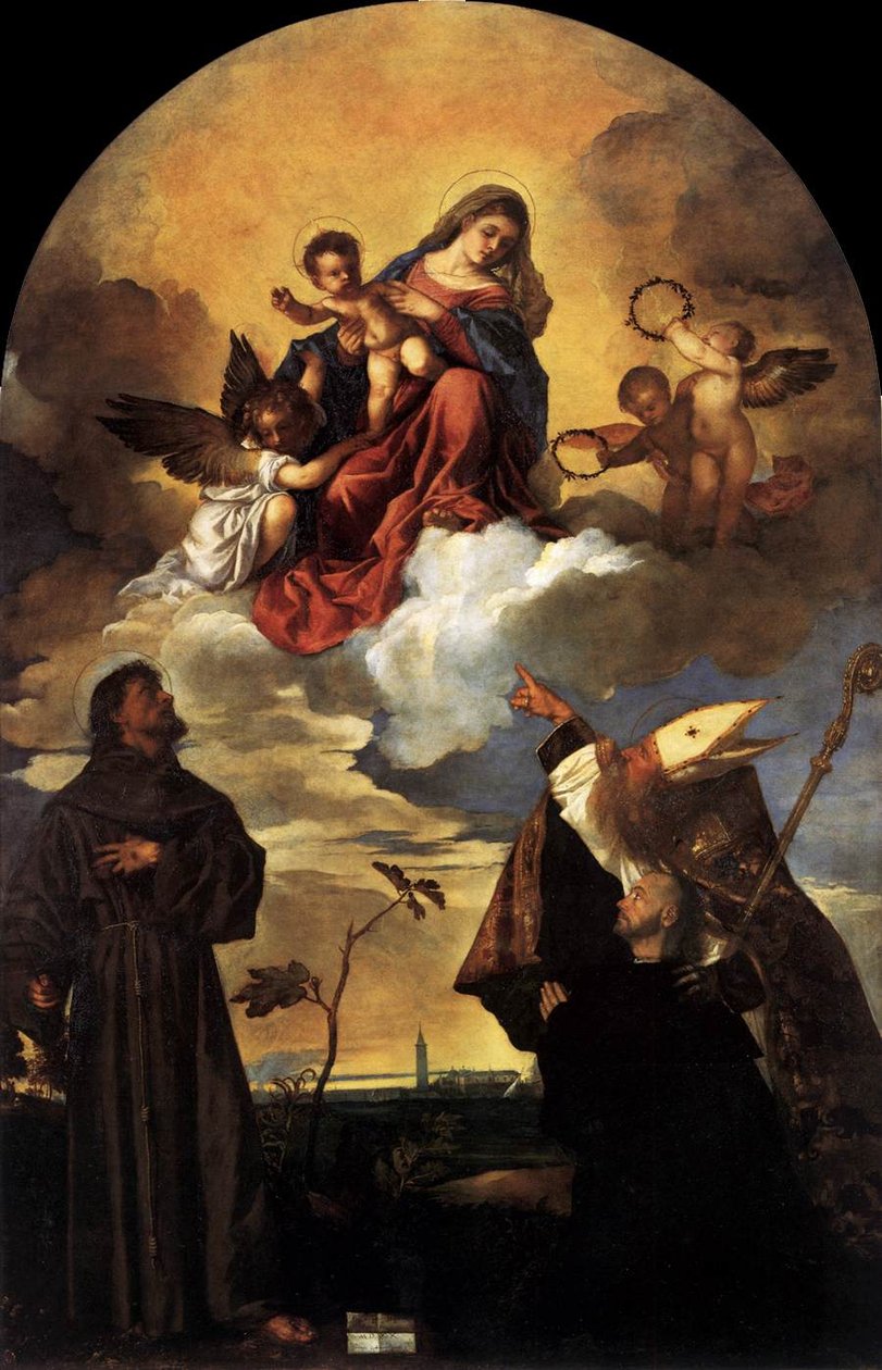 Madonna in Glory with the Christ Child og Sts Francis og Alvise with the Donor av Tiziano Vecelli