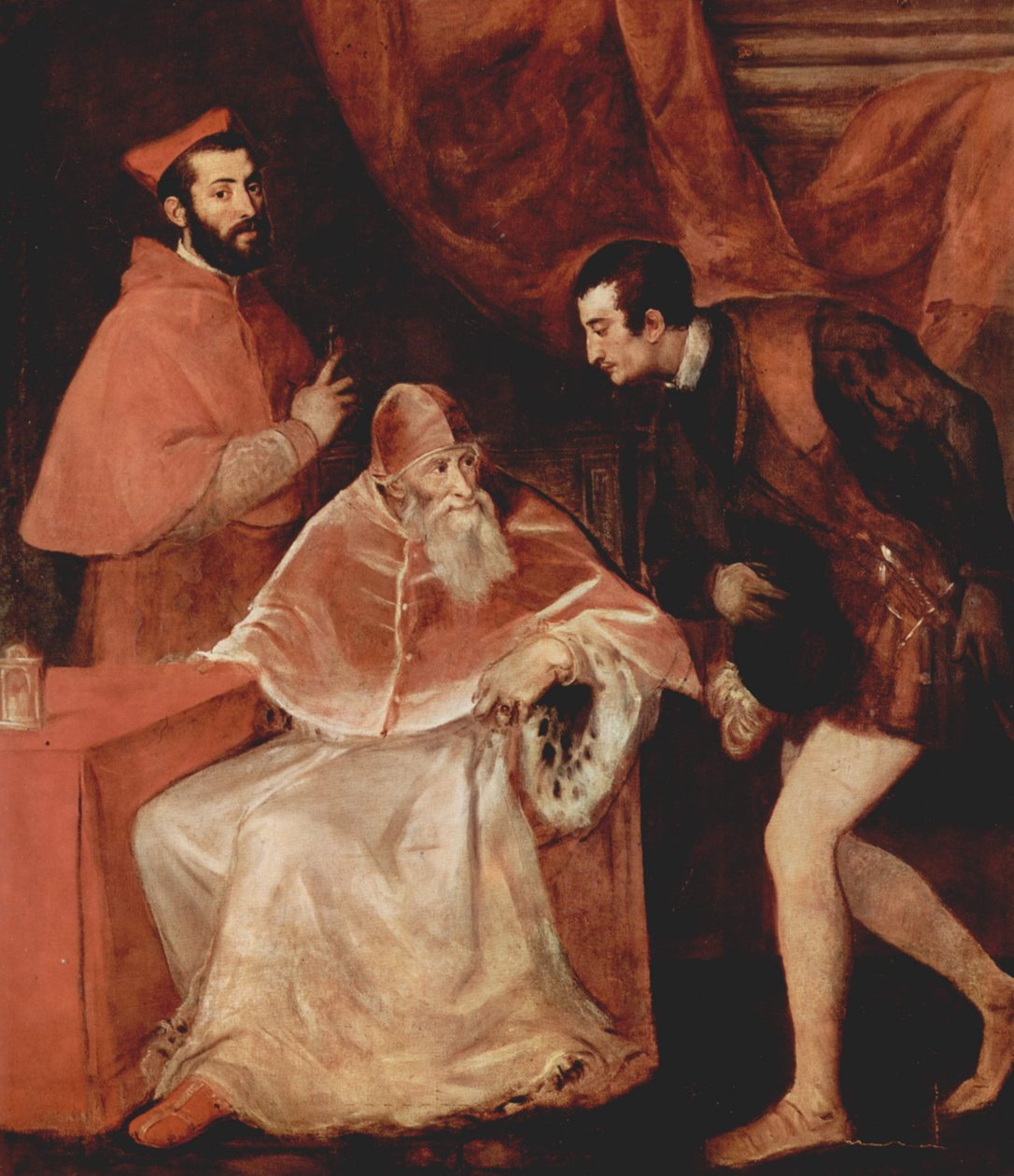 Portrett av pave Paul III med kardinal Alessandro Farnese og hertug Ottavio Farnese av Tiziano Vecelli