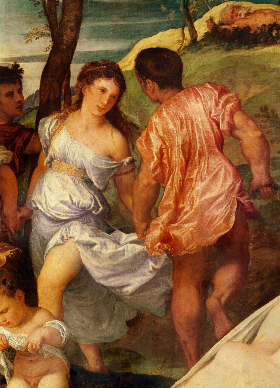 The Bacchanal, detalj av to figurer bak Ariane. c.1518 olje på lerret av Tiziano Vecelli