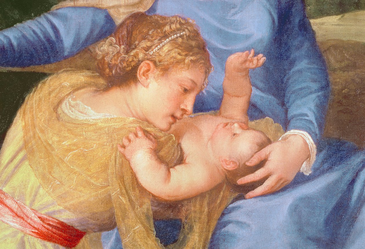 Jomfruen og barnet med døperen Johannes og en kvinnelig helgen, detalj av jomfruen, Kristusbarnet og kvinnelig helgen, ca. 1530-35 olje på lerret av Tiziano Vecelli