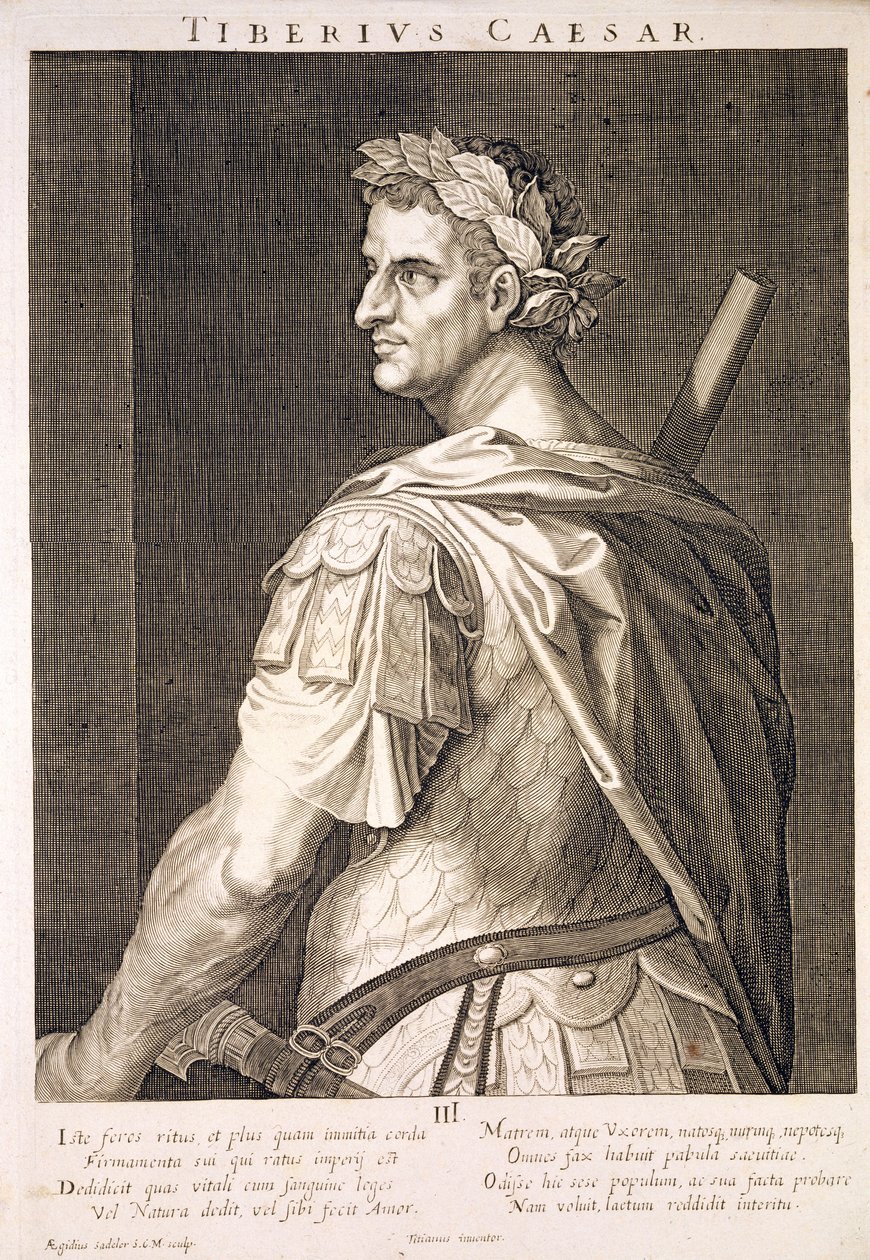 Tiberius Cæsar (10 f.Kr. - 54 e.Kr.) Keiser av Roma 14-37 e.Kr. gravert av Aegidius Sadeler (1570-1629) av Tiziano Vecelli