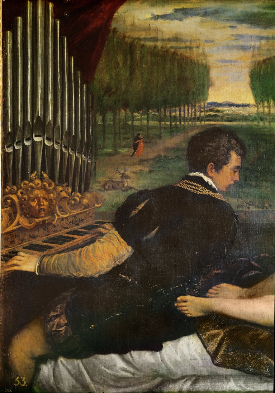 Venus med en organist og amor eller Ottavio Farn ese, organiste og hans elskerinne (detalj om organisten), ca. 1540-50 av Tiziano Vecelli