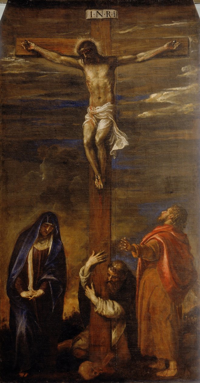 Kristus på korset med jomfruen, den hellige Johannes og den hellige Dominikus av Tiziano Vecelli