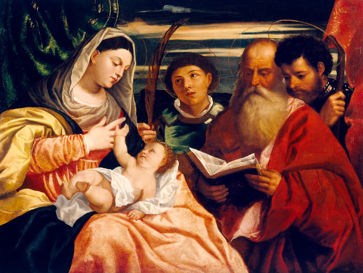 Madonna og barn med de hellige Stephen, Jerome og Maurice (olje på lerret) av Titian (c.1488 1576) (after)