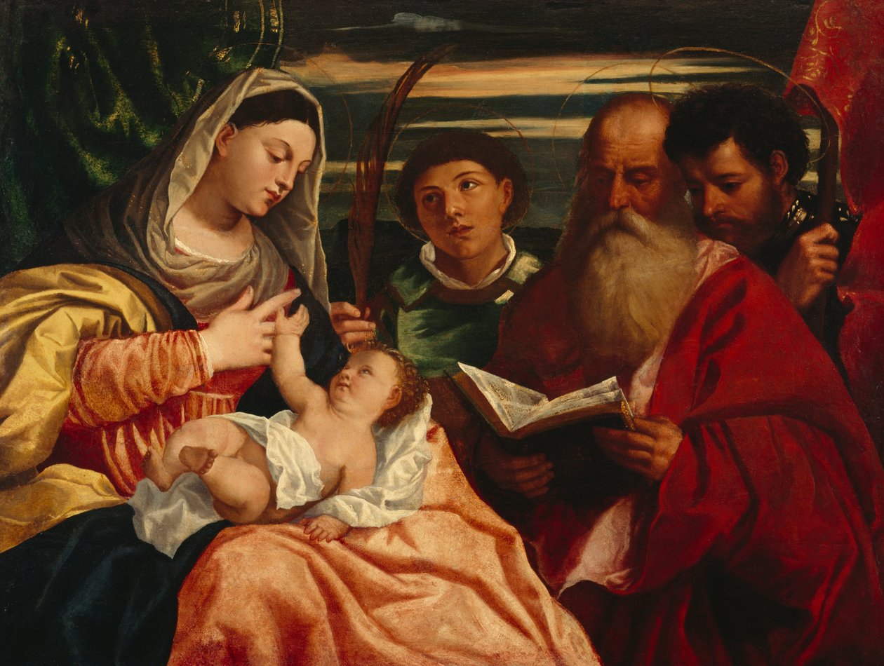 Madonna og barn med de hellige Stephen, Jerome og Maurice (olje på lerret) av Titian (c.1488 1576) (after)