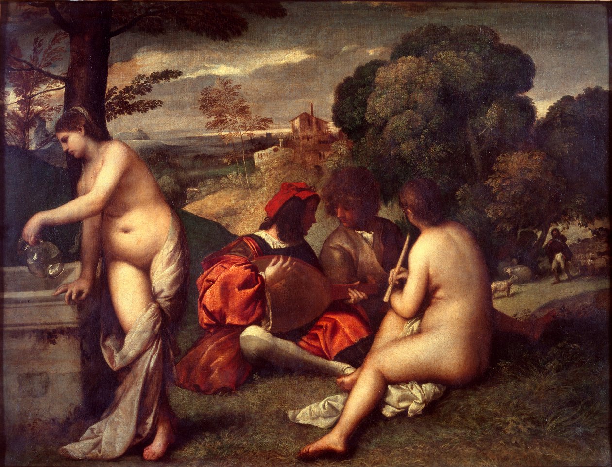 The Pastoral Concert, c 1509 (olje på lerret) av Titian (c.1488 1576) (attr. to)