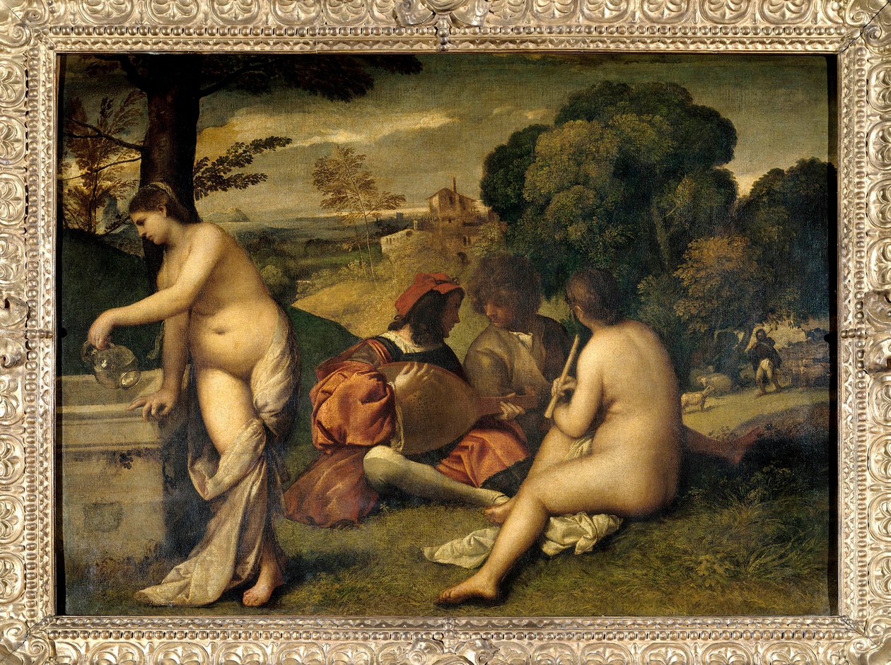 Bandkonserten Musikere på gresset, de to kvinnene er nakne, en av dem fylte kannen hennes med vann i en fontene. Maleri tilskrevet Tiziano Vecellio dit le Titian (1485-1576) eller Giorgio da Castelfranco dit Giorgione (1476/1478-1510) Søn. 1,05 X 1 av Titian (c.1488 1576) (attr. to)