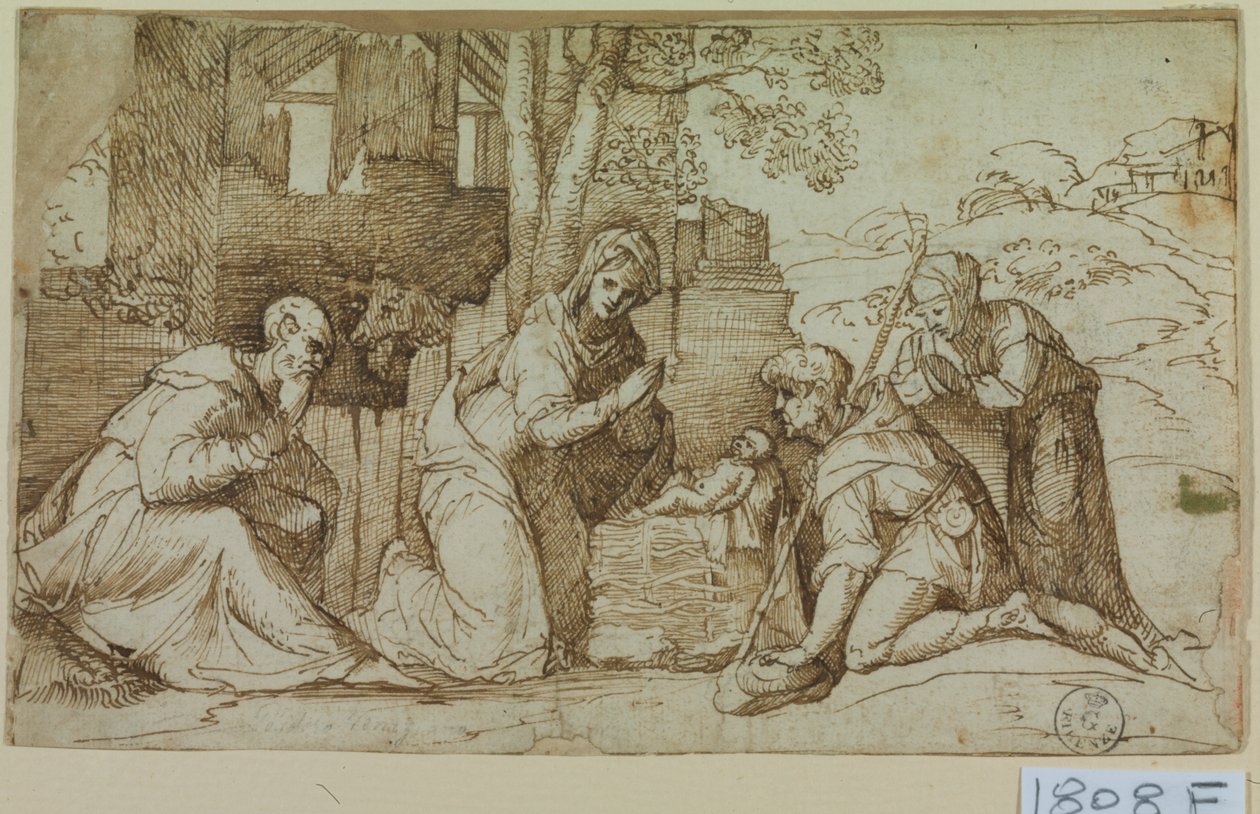 Tilbedelse av hyrdene (penn og blekk på papir) av Titian (c.1488 1576)