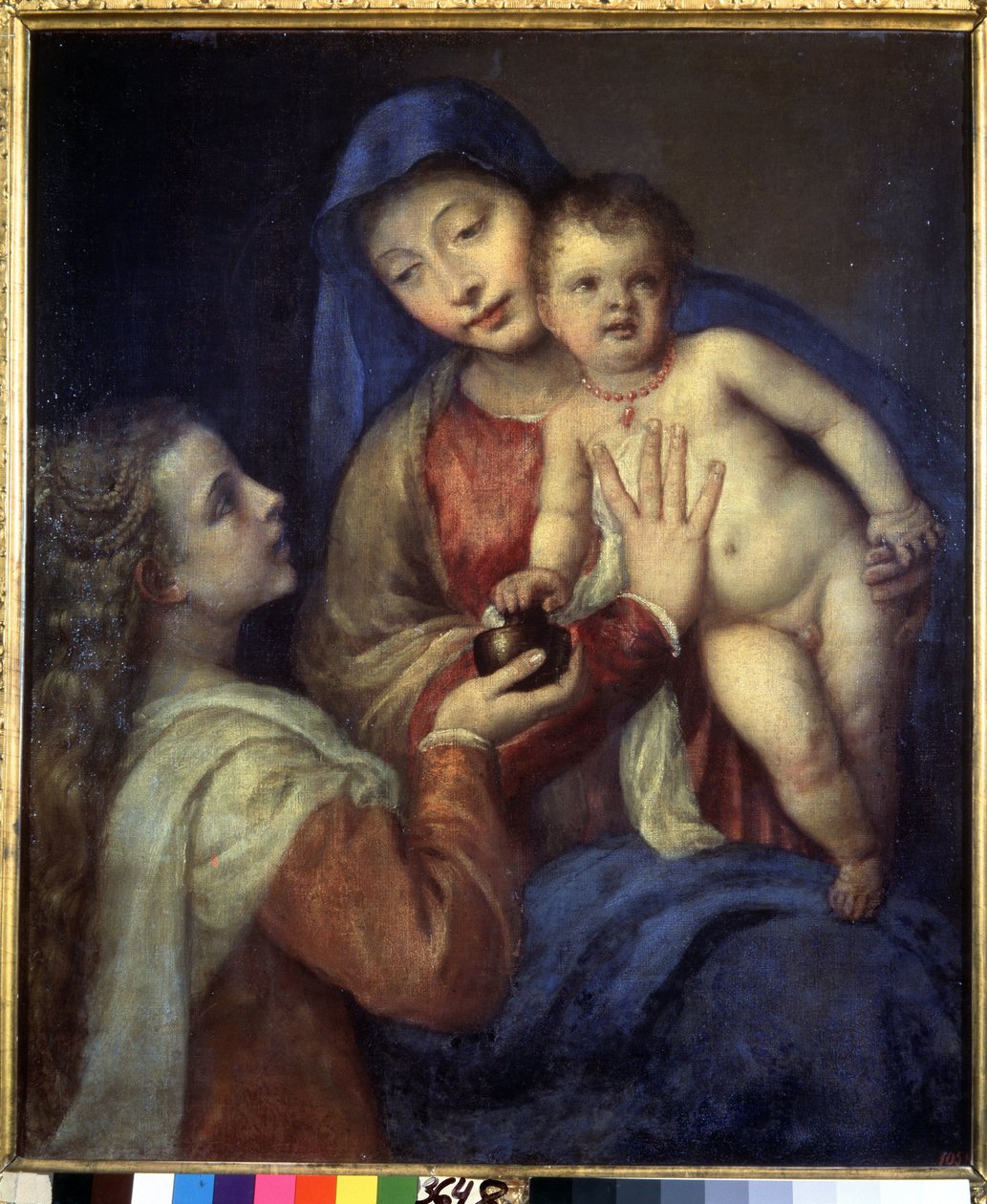 Madonna og barn med Maria Magdalena. Maleri av Titian (Tiziano Vecellio eller Vecelli eller Tiziano da Cador av Titian (c.1488 1576)