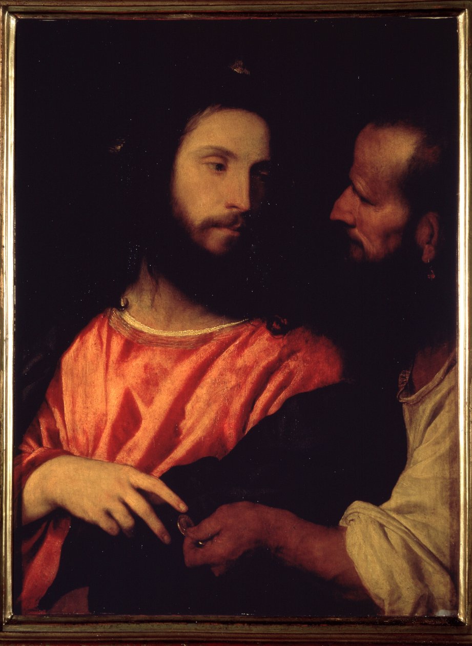 Hyllestpengene. Peter bringer tilbake en mynt hentet fra en fisk som han leverer til Jesus for å betale skatteoppkreveren ved inngangen til byen Kapernaum (Capharnaum eller Kefar Nahum) Maleri av T av Titian (c.1488 1576)