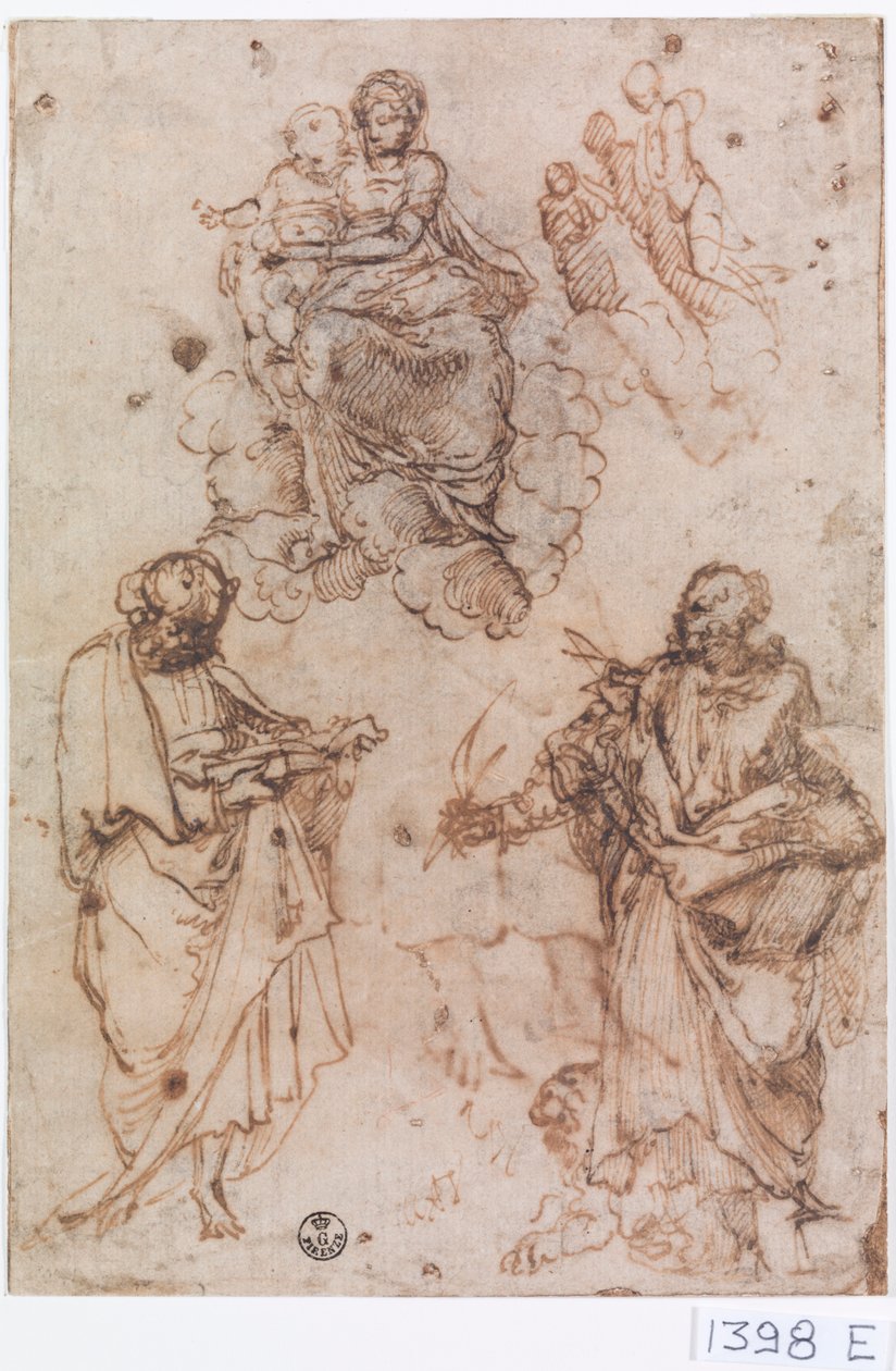 Madonna og barn sitter på skyer med helgener eller apostler (penn og blekk på papir) av Titian (c.1488 1576)
