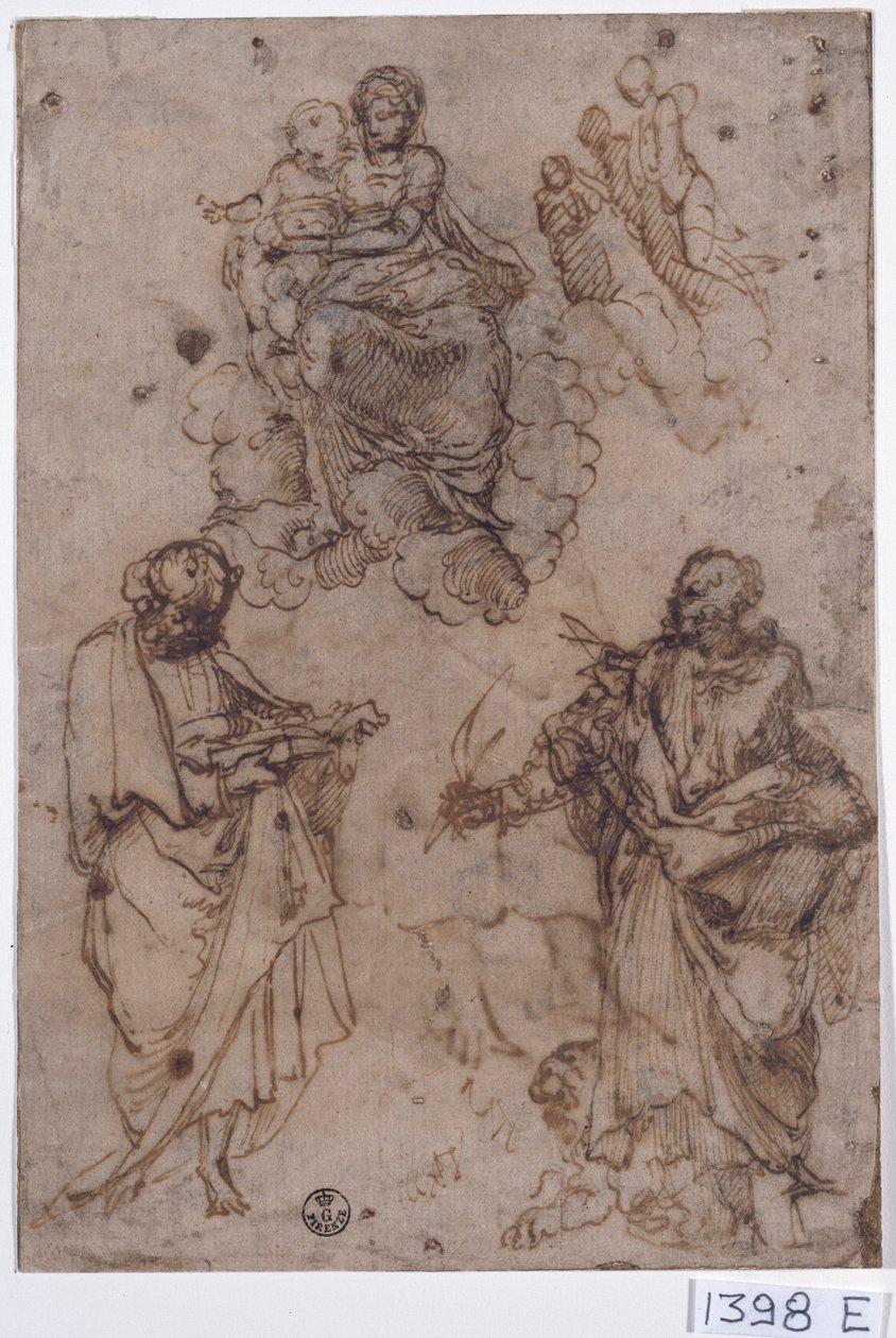 Madonna og barn sitter på skyer med helgener eller apostler (penn og blekk på papir) av Titian (c.1488 1576)