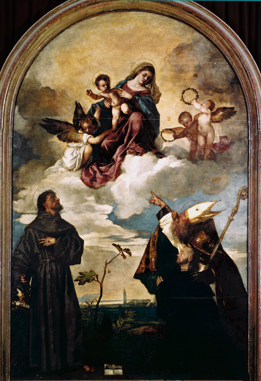 Madonna i herlighet med Child, Saints Francis og Alvise og giveren Luigi Gozzi av Titian (c.1488 1576)