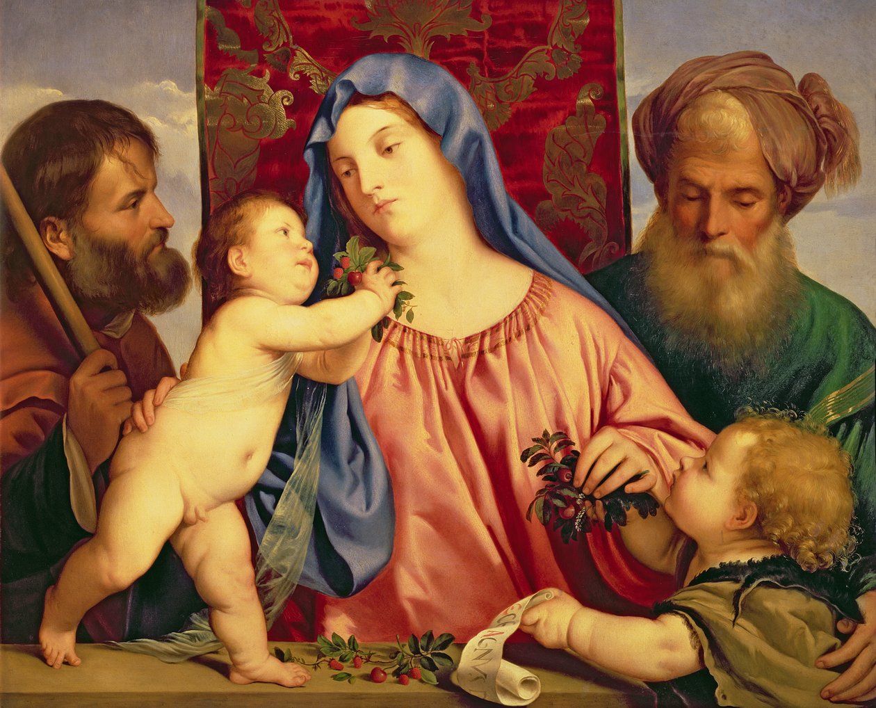 Madonna av kirsebærene med Josef, St. Zacharias og døperen Johannes (panel) av Tiziano Vecelli