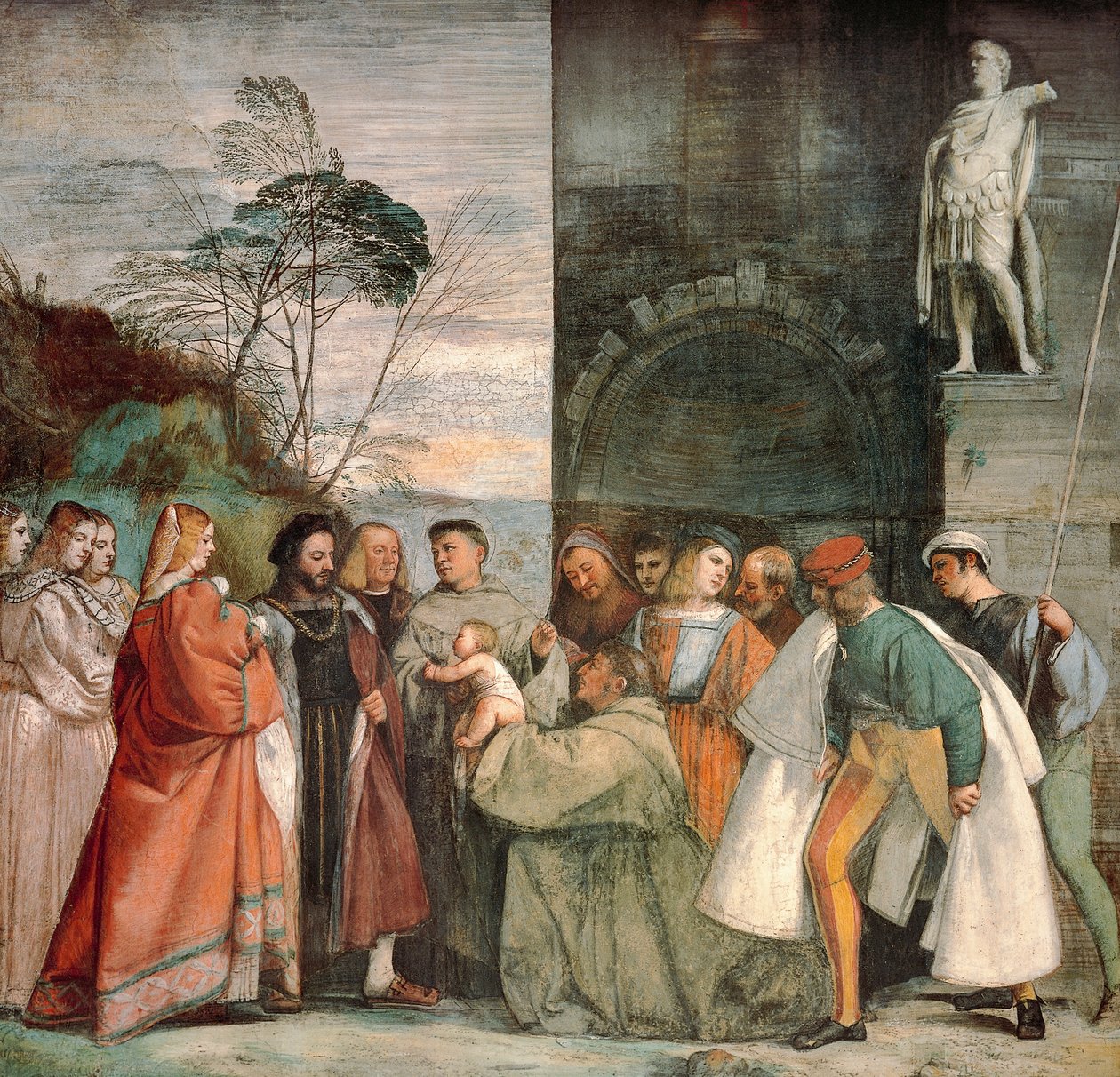 Miracle of Newborn Infant, detalj fra Scenes from Life of St Anthony of Padua, av Titian (ca 1490-1576), freskomaleri, School of Saint or Scoletta, Padua av Titian (c.1488 1576)