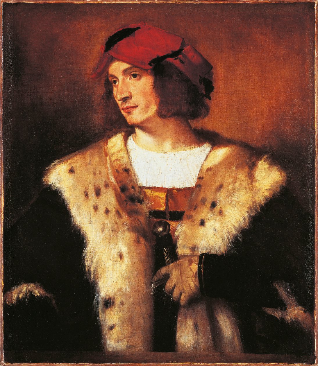 Portrett av ung mann kledd i pels av Titian (c.1488 1576)