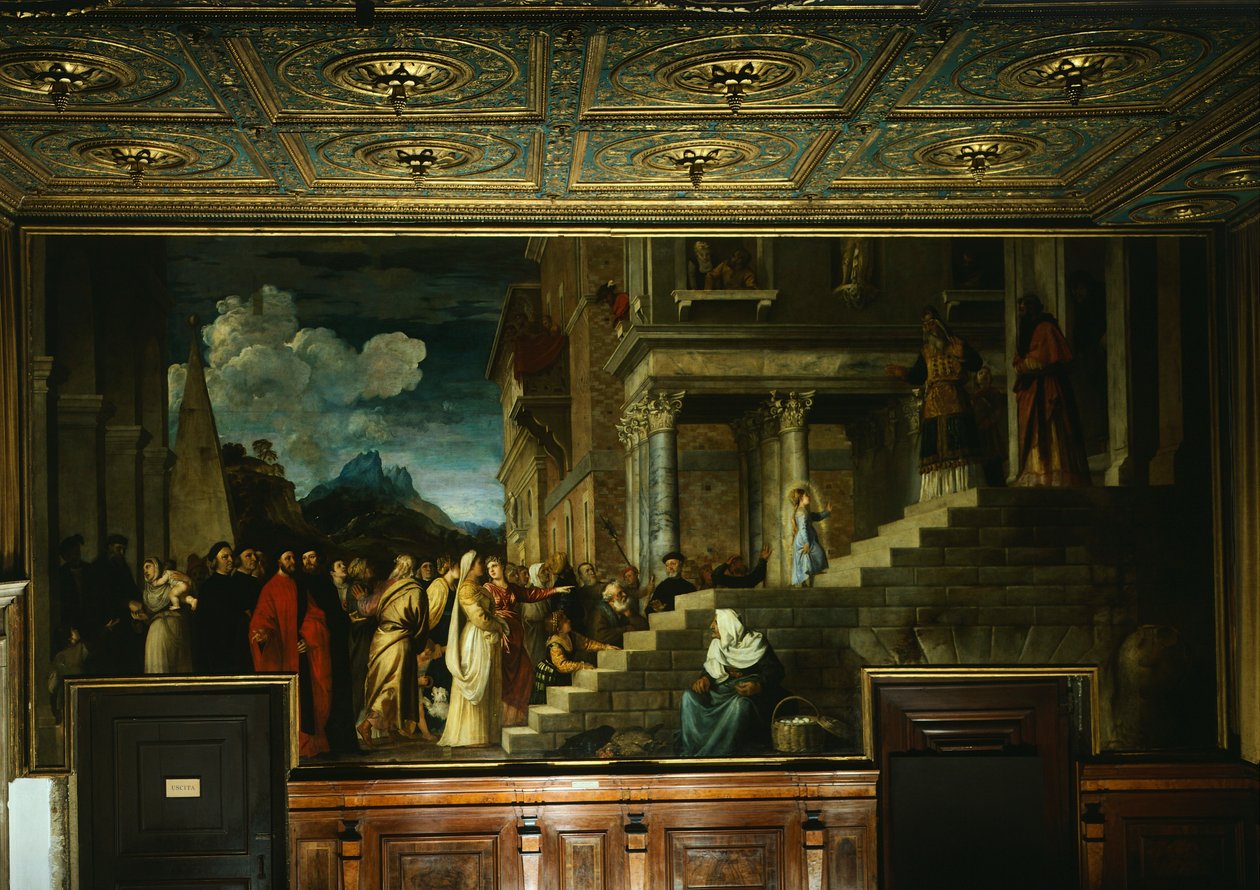 Presentasjon av Maria ved tempelet, av Titian (ca 1490-1576), olje på lerret, 345x775 cm av Titian (c.1488 1576)