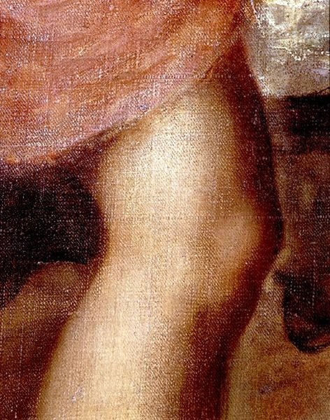 The Death of Actaeon, detalj av Dianas kne, ca. 1565 (olje på lerret) (detalj av 28850) av Titian (c.1488 1576)