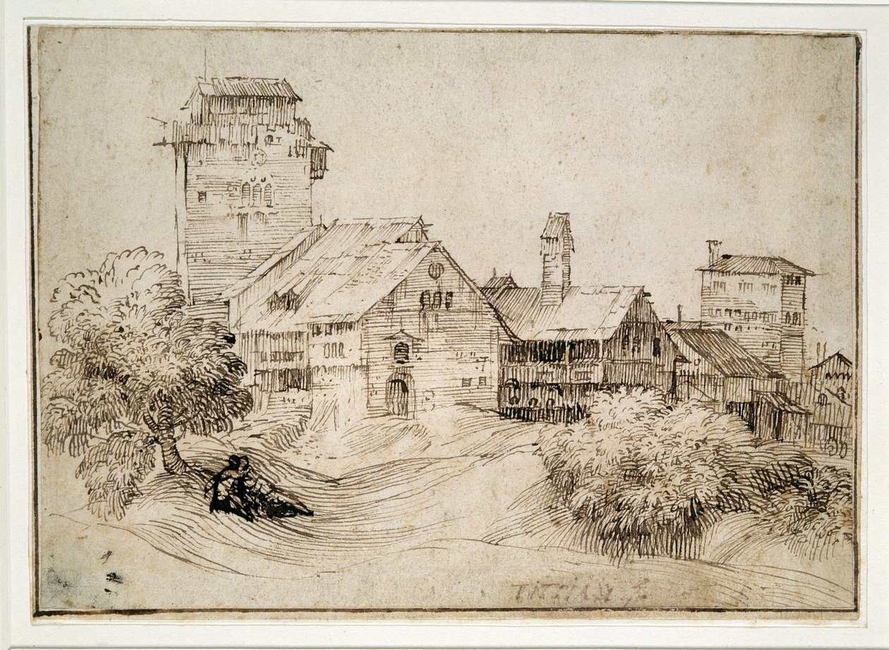 Alpelandsby og elskere som omfavner (penn og blekk på papir) av Titian (c.1488 1576) (after)