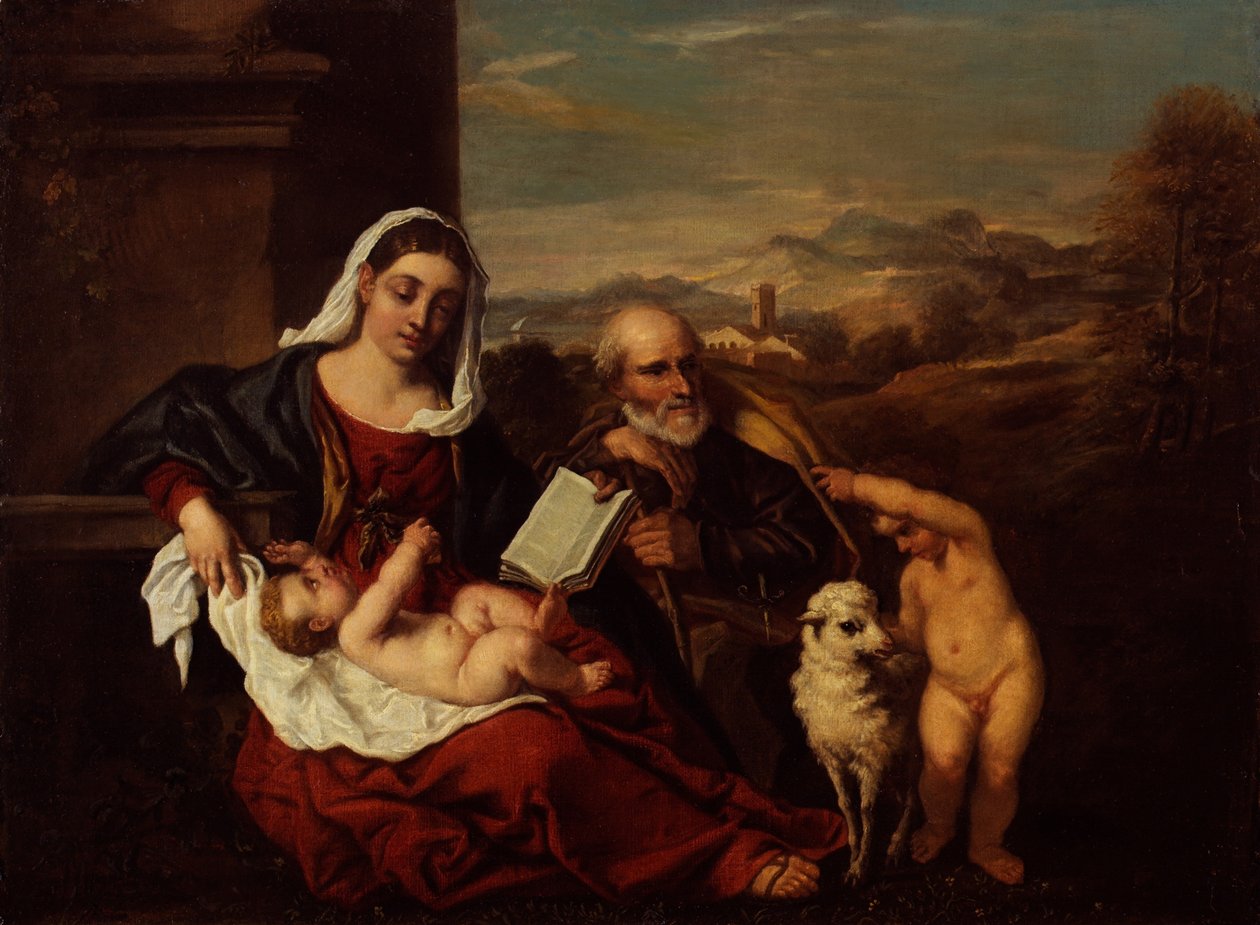 Den hellige familie med spedbarnet Døperen Johannes (olje på lerret) av Titian (c.1488 1576) (after)