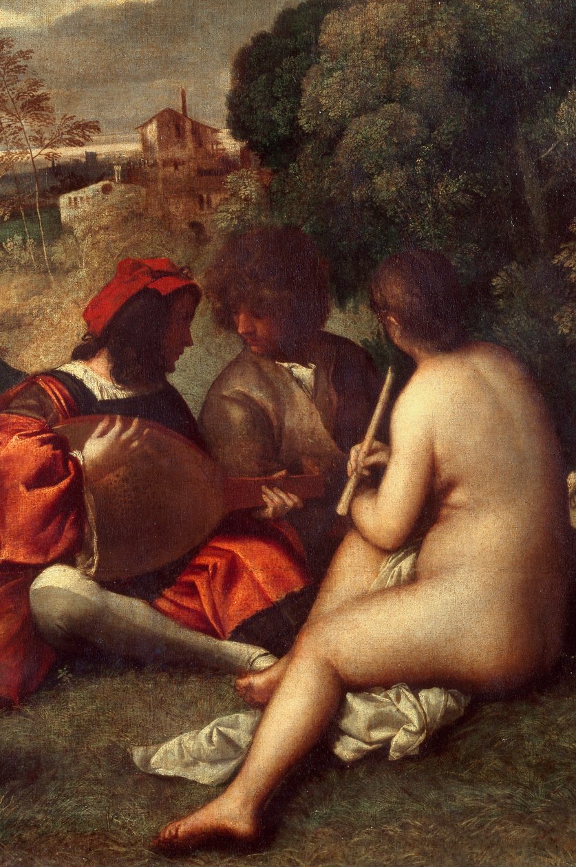 Bandkonserten Musikere på gress, kvinner er nakne. Detalj. Maleri tilskrevet Tiziano Vecellio dit le Titian (1485-1576) eller Giorgio da Castelfranco dit Giorgione (1476/1478-1510) Søn. 1,05 X 1,36 m Paris, Louvre-museet av Titian (c.1488 1576) (attr. to)