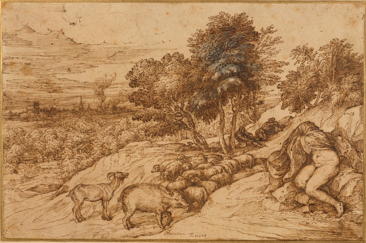 Et treaktig landskap med en naken kvinne, hodet skjult av en kappe (penn og brunt blekk på krempapir) av Titian (c.1488 1576)