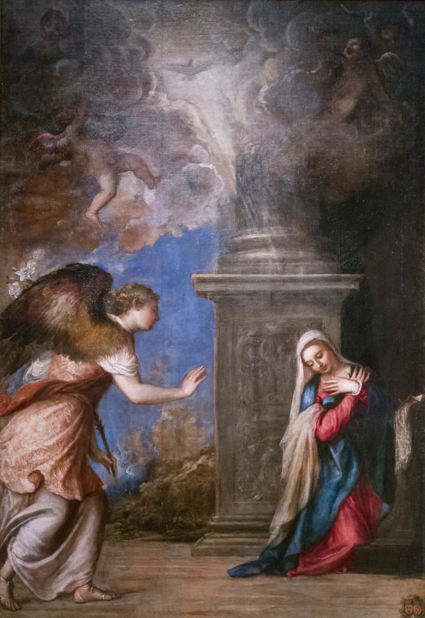 Annunciation, Tiziano Vecellio (olje på lerret) av Titian (c.1488 1576)