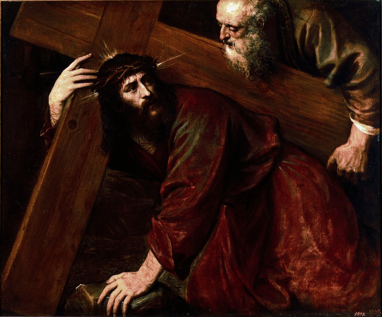 Kristus og Simon den kyreneer Simon fra Kyrene (kyreneeren) hjelper Jesus med å bære sitt kors. Maleri av Tiziano Vecellio kalt Titian (1485-1576) av Tiziano Vecelli