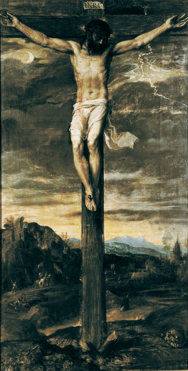 "Korsfestet Kristus". Inskripsjon ""INRI"" på korset av Titian (c.1488 1576)