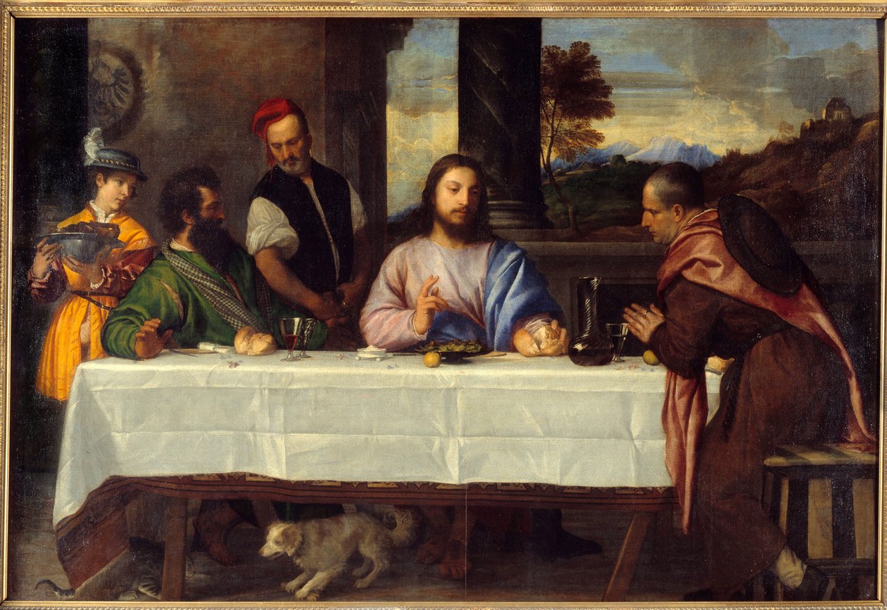 Middag på Emmaus Møt Jesus med peleriner. Maleri av Tiziano Vecellio dit le Titian (1485-1576) 1500-tallet Søn. 1,69x2,44 m av Titian (c.1488 1576)