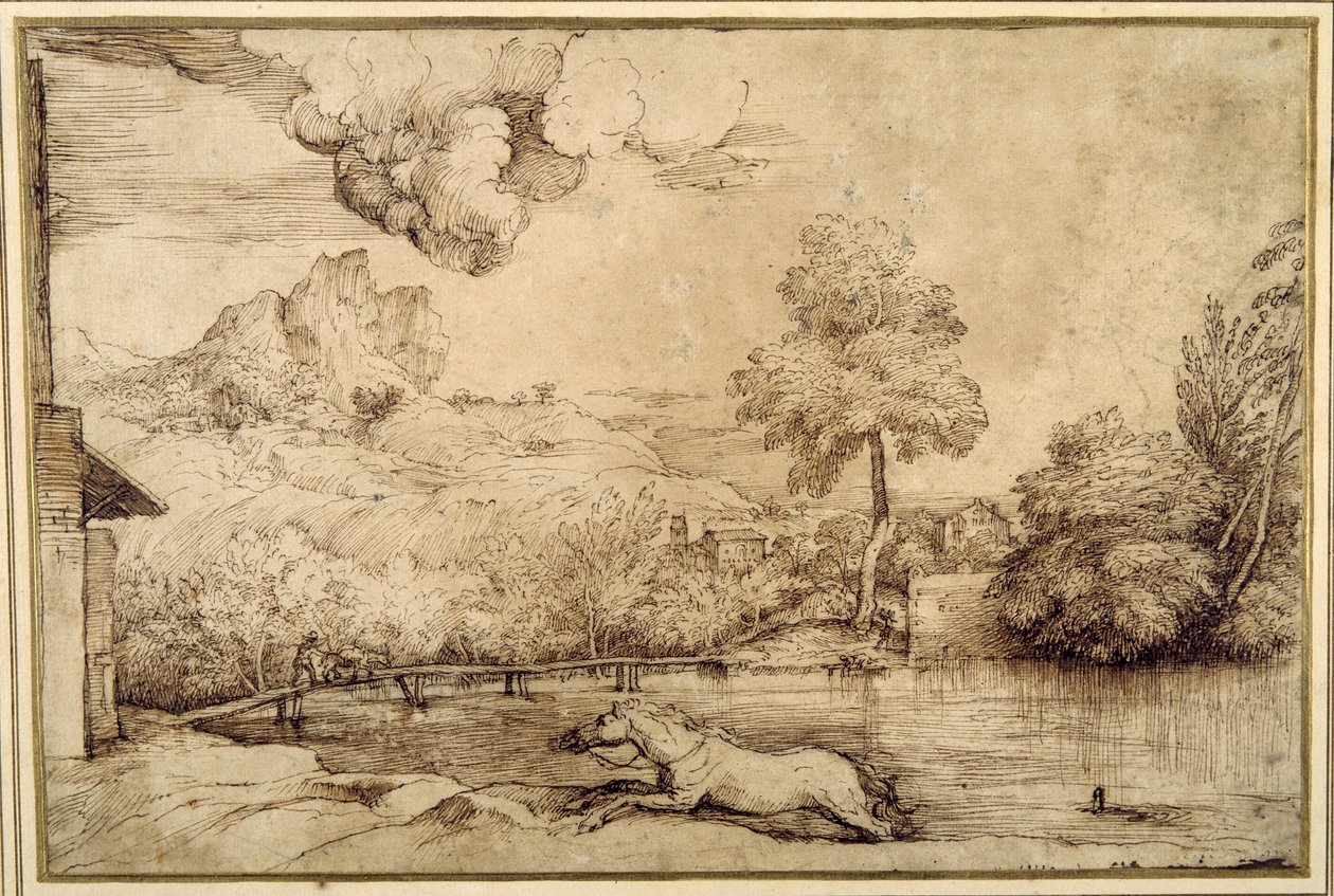 Landskap: en rytterløs hest forfulgt av en slange (penn og brunt blekk på kremfarget papir) av Titian (c.1488 1576)