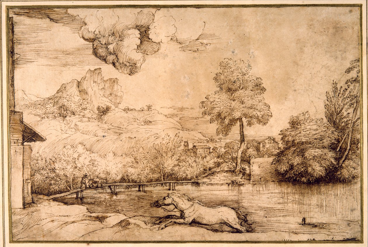 Landskap: en rytterløs hest forfulgt av en slange (penn og brunt blekk på krempapir) av Titian (c.1488 1576)