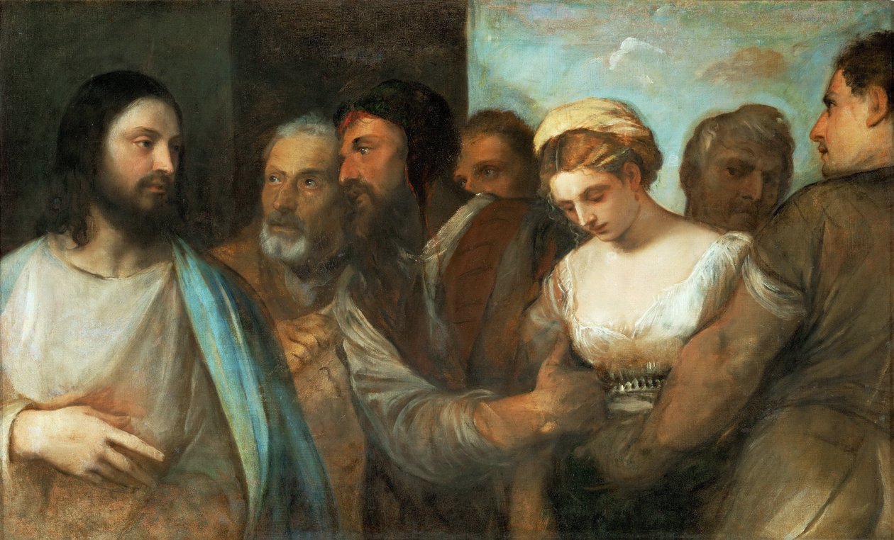 Le Christ et la femme adultere - Kristus og kvinnen tatt i utroskap, av Titian (1488-1576). Olje på lerret, ca. 1520. Dimensjon : 82,5x136,5 cm. Kunsthistorisk museum, Vienne av Tiziano Vecelli