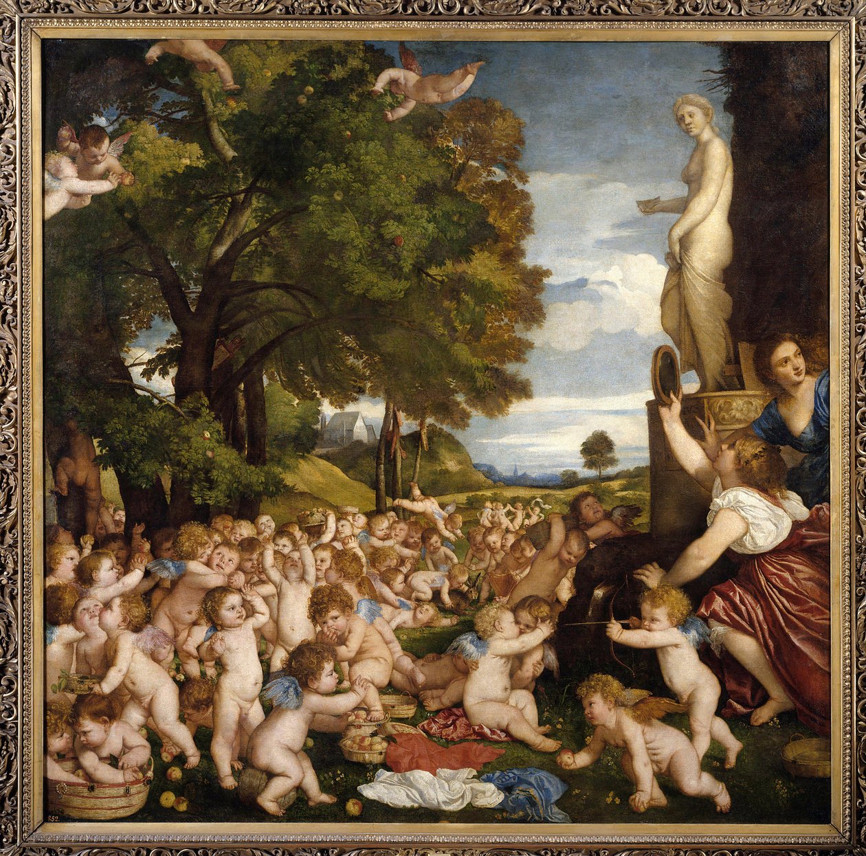 Offrande a Venus Små amours (angelots) samles for å hylle gudinnen Afrodite - Maleri av Tiziano Vecellio kalt Titian (1485-1576) 1518 Sun. 1,72 X 1,75 m Madrid musee du Prado - Tilbedelsen av Venus - Maleri av Tiziano Vecellio kalt Tit av Tiziano Vecelli