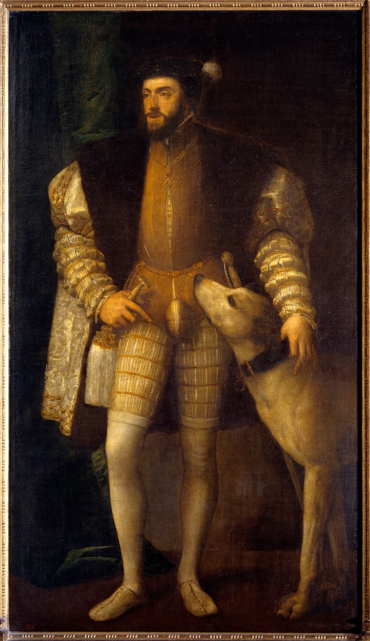 Portrett av keiser Karl V (1500 - 1558) i en alder av 35 med hunden Sampere. Titian Vecellio av Le Titian (1485–1576) av Tiziano Vecelli