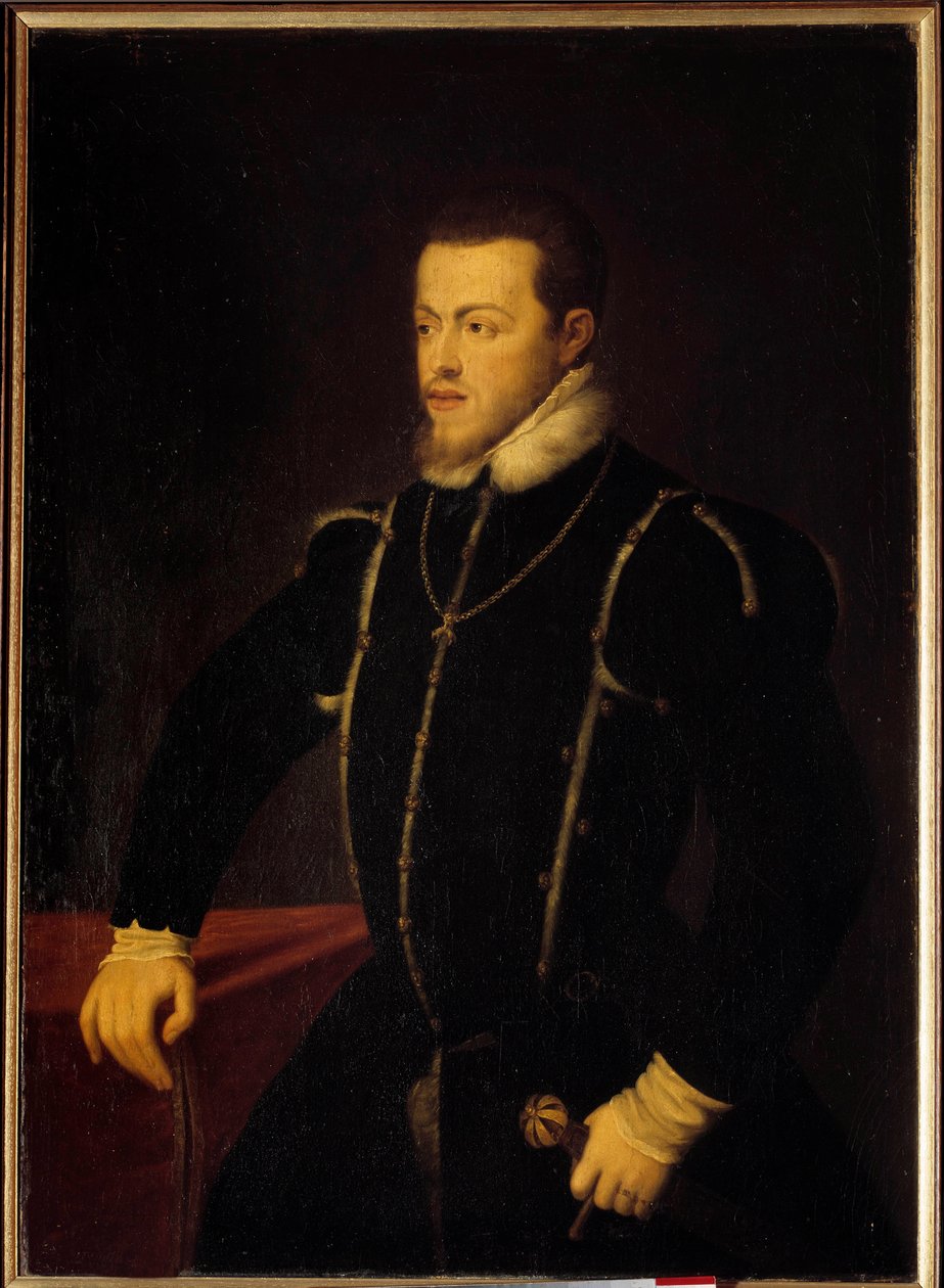 Portrett av Filip II (1527-1598) Konge av Spania og Portugal Maleri av Tiziano Vecellio kalt Titian (1485-1576) 1500-talls sol. 1,08x0,76 m av Tiziano Vecelli