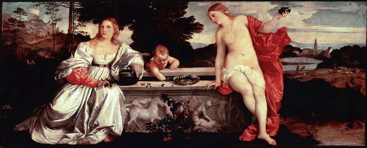 Sacred Love and Secular Love Maleri av Tiziano Vecellio kalt Titian (1490-1576) 1515 ca. Sol. 118x279 cm Roma, Galleria Borghese - Hellig og profan kjærlighet - Maleri av Tiziano Vecellio, kalt Titian (ca. 1488-1576), olje på lerret, ca. 1515 (118 x 279 av Tiziano Vecelli