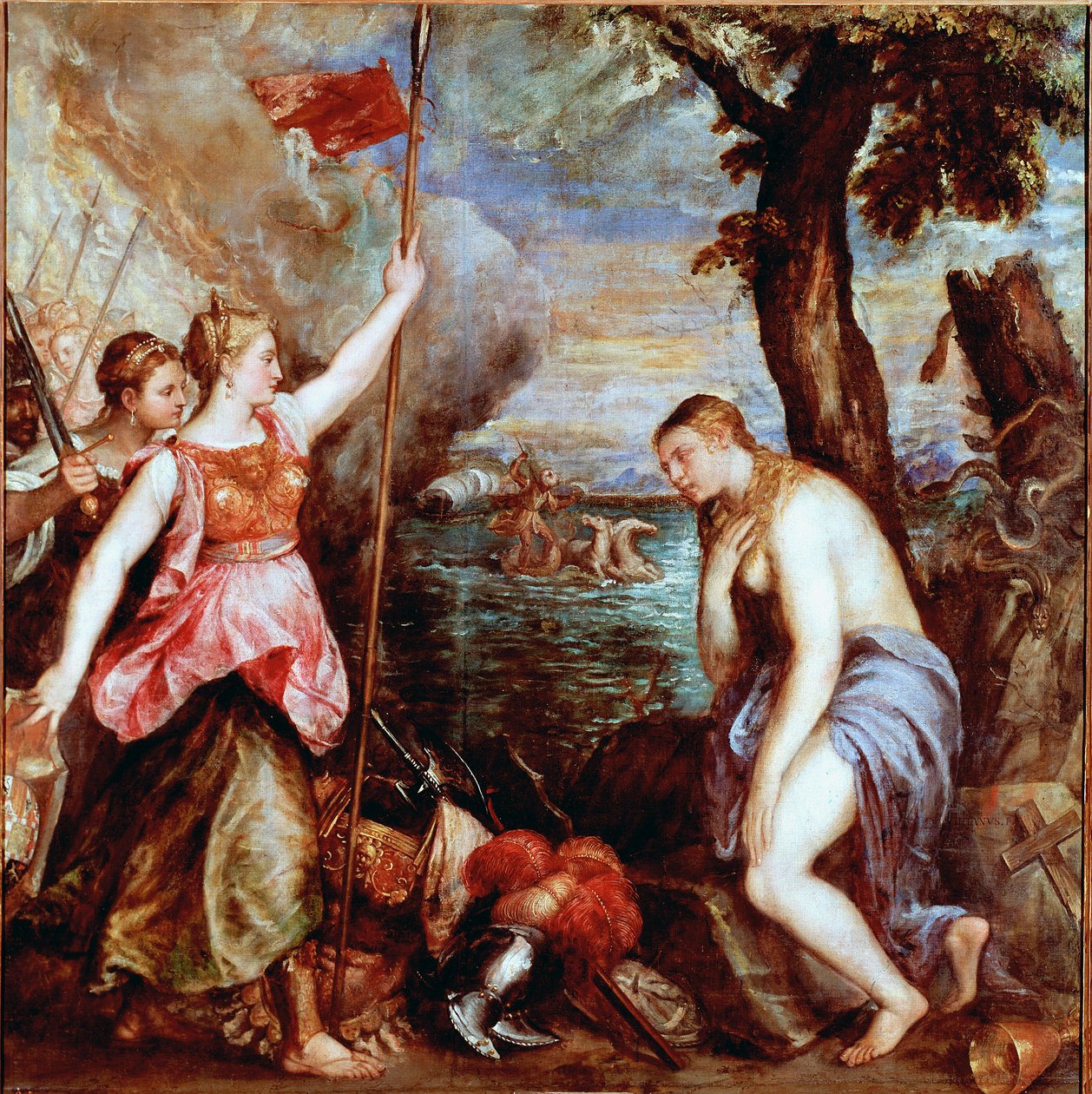 Spania til hjelp for religionen: allegori om seieren til troppene til pave Pius V (inkludert Spania) over flåten til det osmanske riket i sjøslaget ved Lepante i 1571. En kvinne som ble nektet (religion) blir reddet av en kriger som representerer Spania. M av Tiziano Vecelli