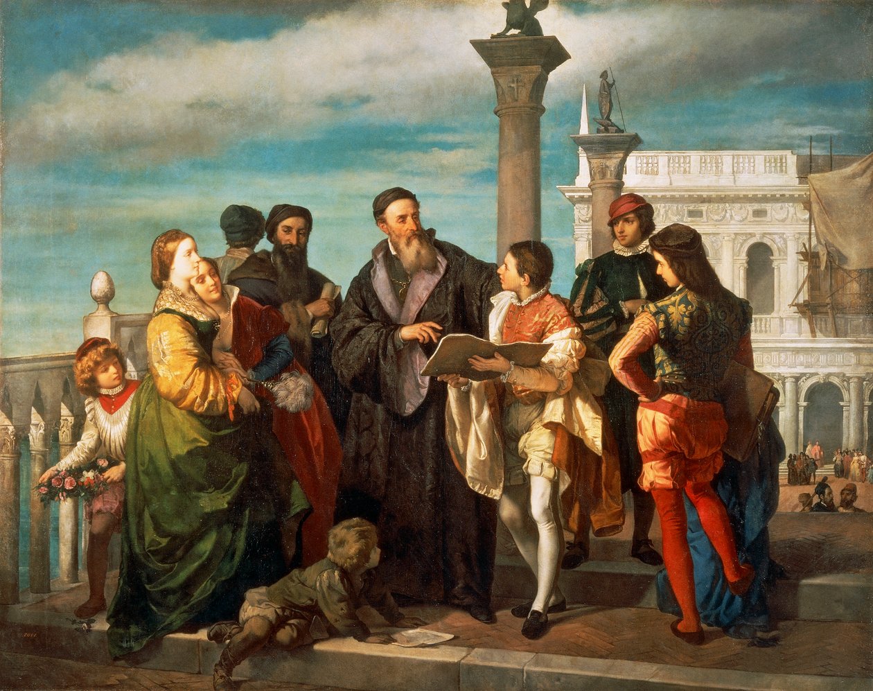 Møtet mellom Titian (1488-1576) og unge Veronese (1528-88) på Ponte della Paglia, av Antonio Zona (1814-1842), olje på lerret av Titian (c.1488 1576)