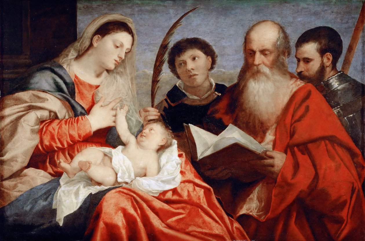 Jomfruen og barnet med de hellige Stefanus, Hieronymus og Maurice - Titian (1488-1576). Olje på tre, ca. 1520. Dimensjon : 92,7x138 cm. Kunsthistorisk museum, Vienne av Titian (c.1488 1576)