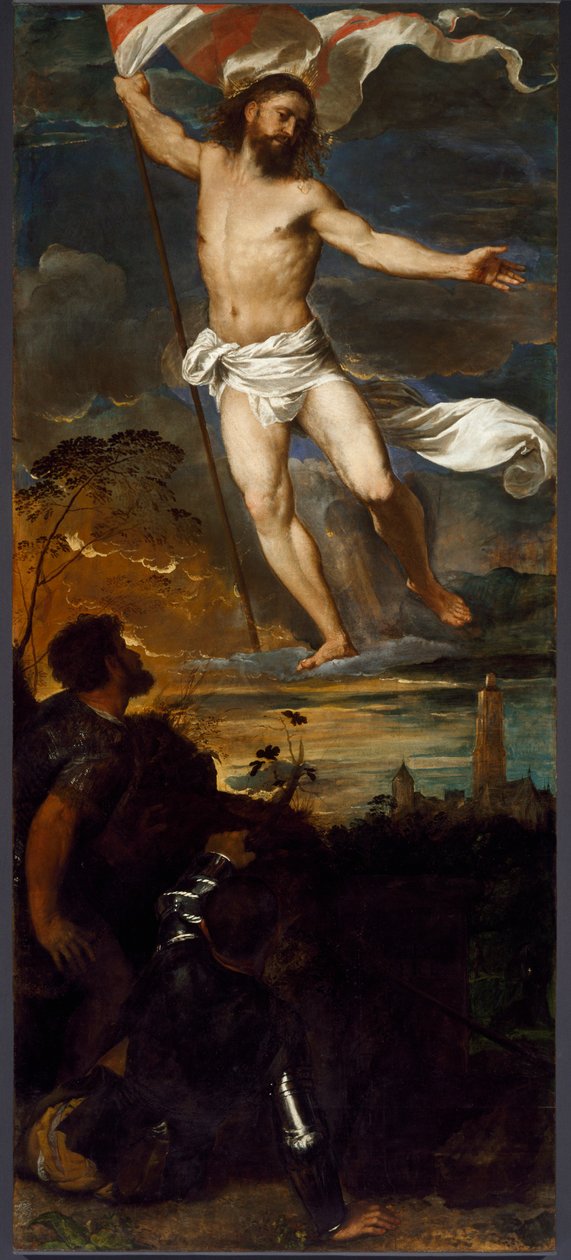 Sentralpanelets oppstandelse av polyptiken Averoldi. Maleri på tre av Tiziano Vecellio kalt Titian (ca. 1490-1576) Brescia fra 1500-tallet, kirken for de hellige Nazzaro og Celso av Tiziano Vecelli