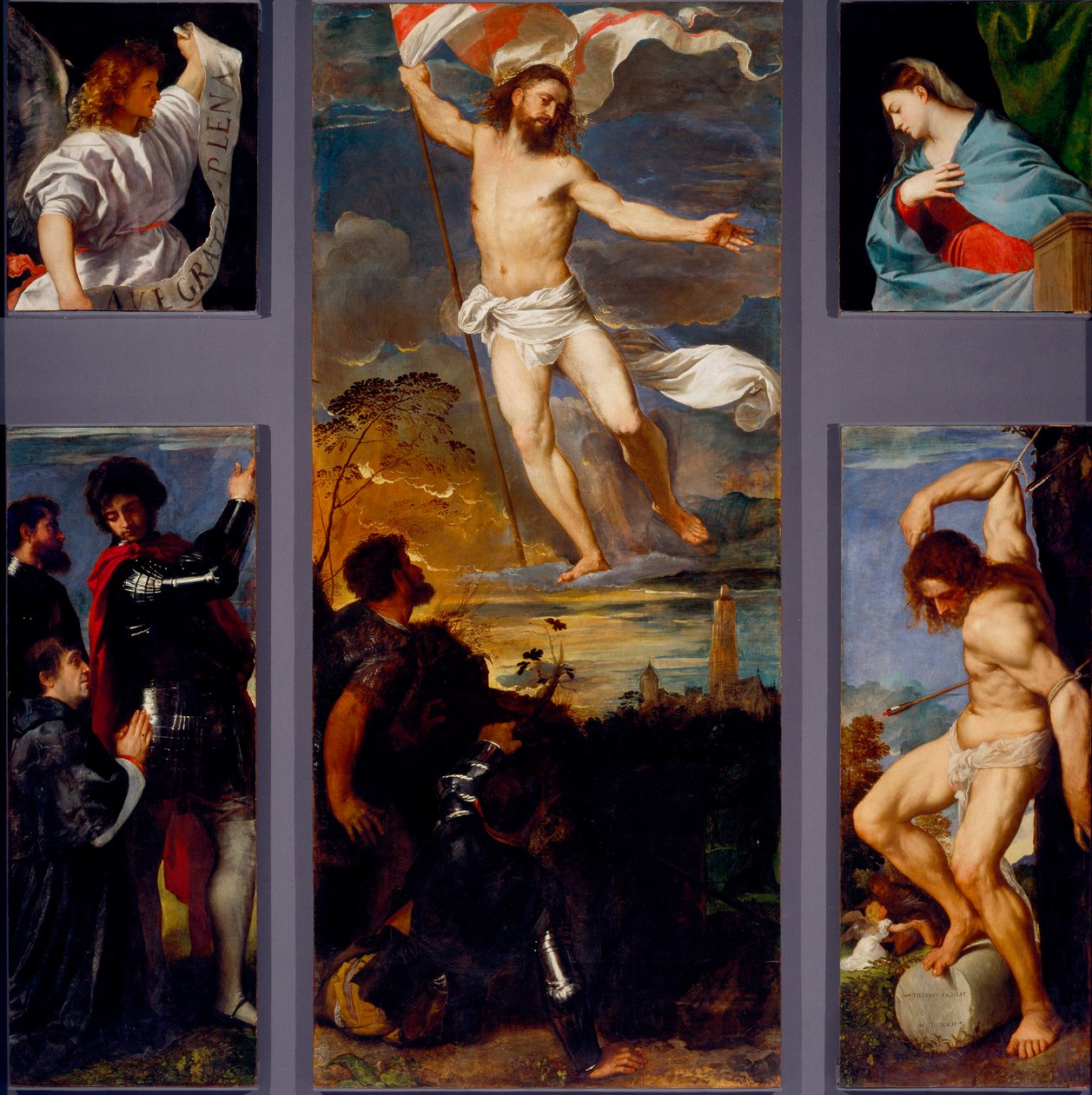Oppstandelsen “” The Virgin”” “” Saint Sebastian””” og sponsorene. Paneler av Averoldi polyptych. Maleri på tre av Tiziano Vecellio kalt Titian (ca. 1490-1576) Brescia fra 1500-tallet, kirken for de hellige Nazzaro og Celso av Titian (c.1488 1576)