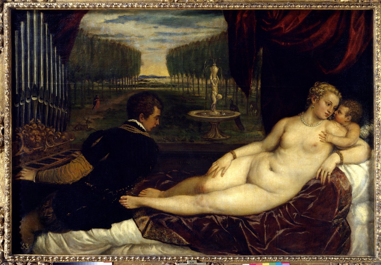 Venus, kjærlighet og musikkmaleri av Tiziano Vecellio kalt The Titian (1485-1576) av Titian (c.1488 1576)